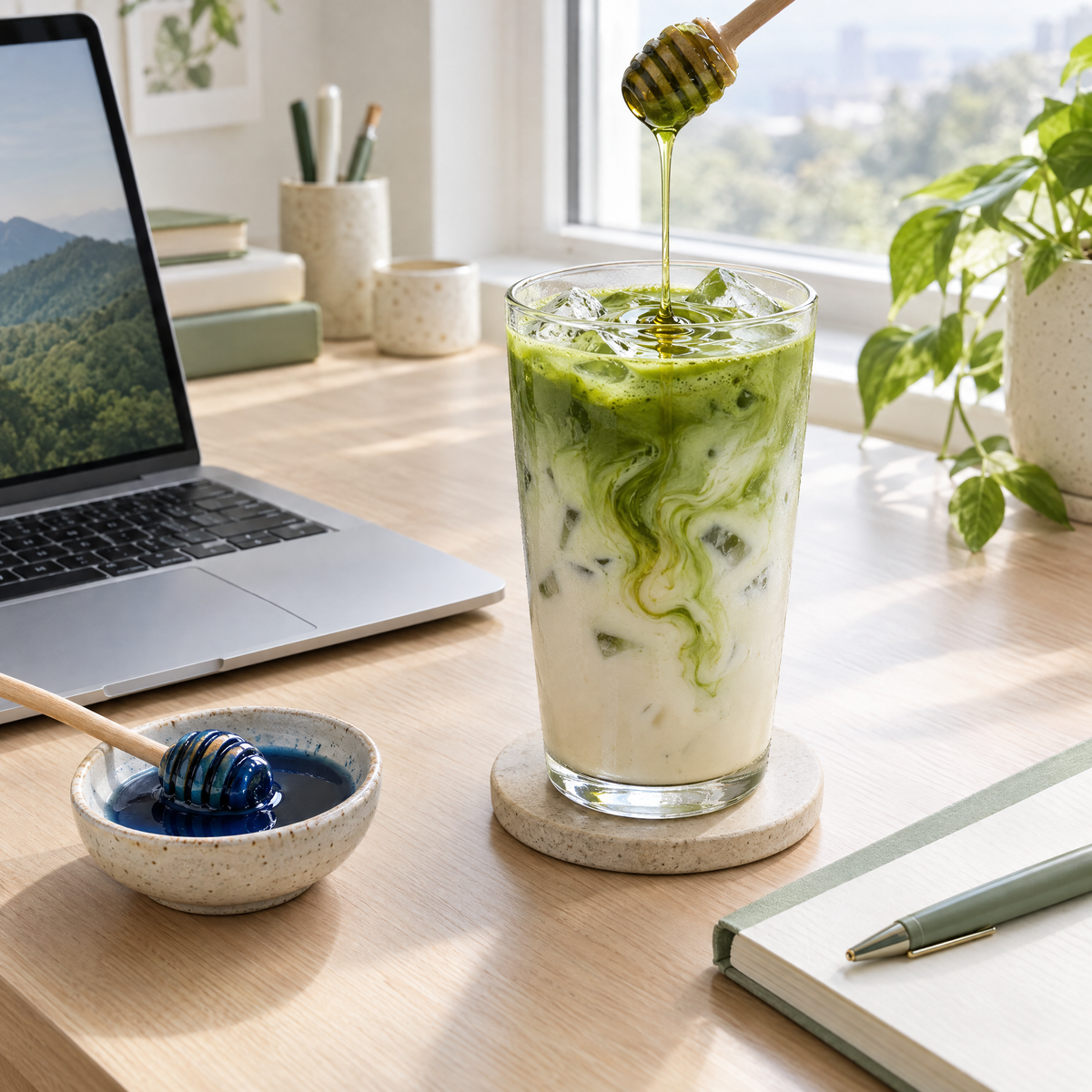 matcha latte, focus at the desk