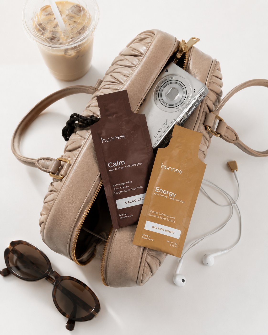 hunnee sachets in a handbag