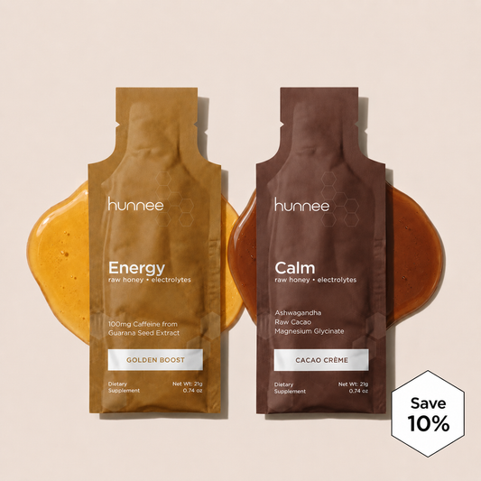 Two hunnee honey packages, one labeled 'Energy' and the other 'Calm', on a beige background with a discount label.