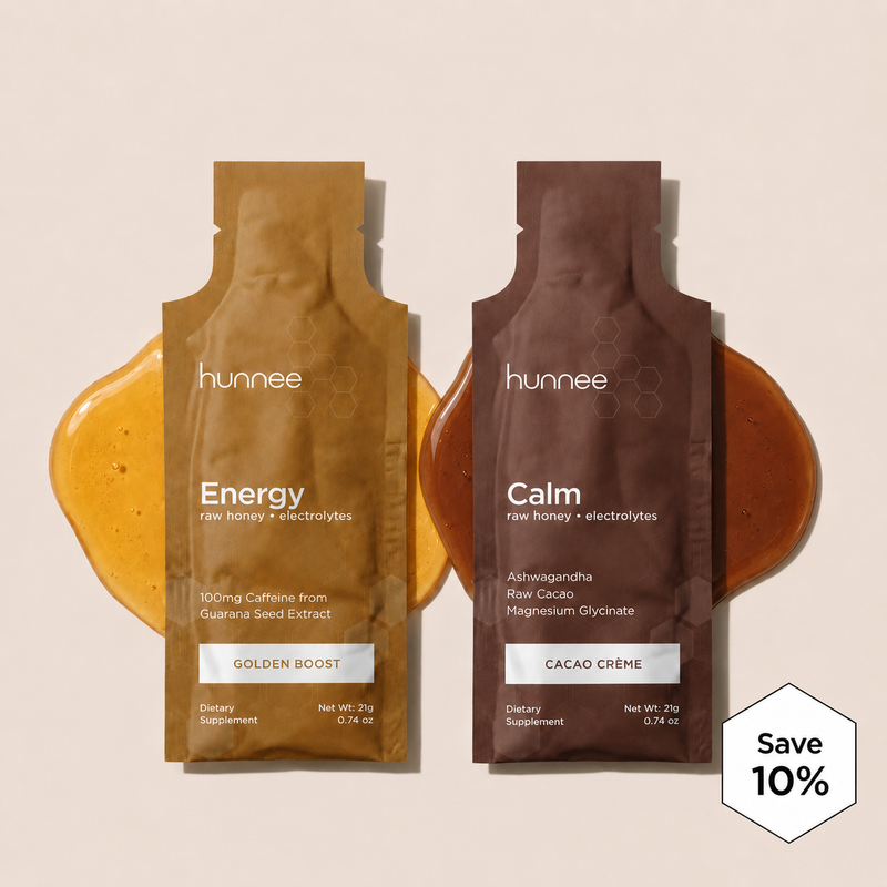 Two hunnee honey packages, one labeled 'Energy' and the other 'Calm', on a beige background with a discount label.