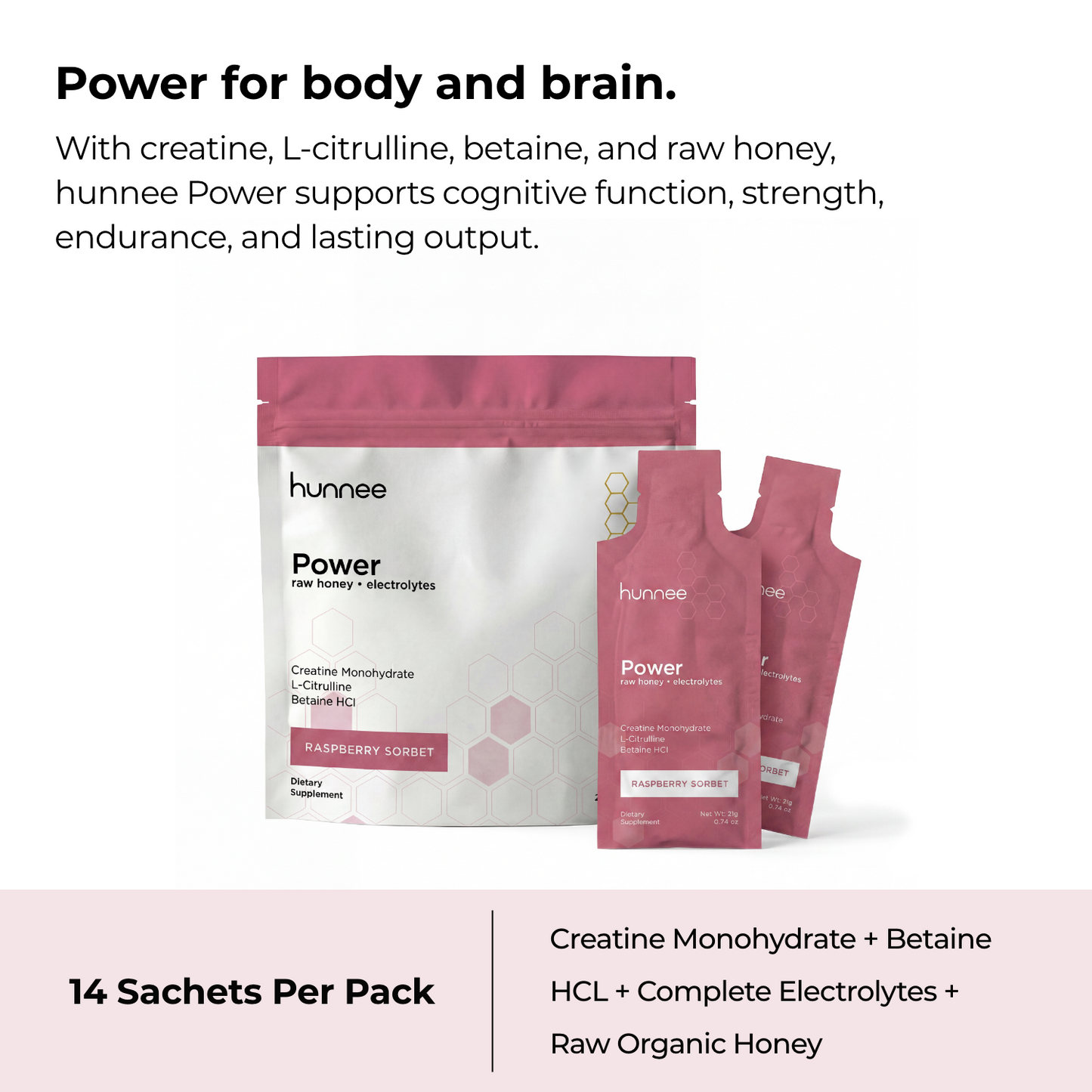 hunnee Power dietary supplement packages with product description on a white background