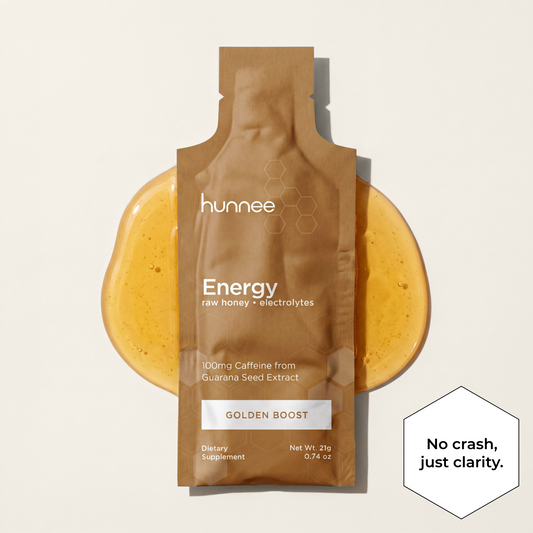 hunnee Energy supplement package with honey on a beige background