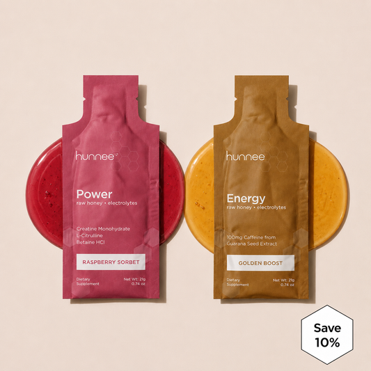 Two hunnee product packages, one red and one brown, on a beige background with a discount label.