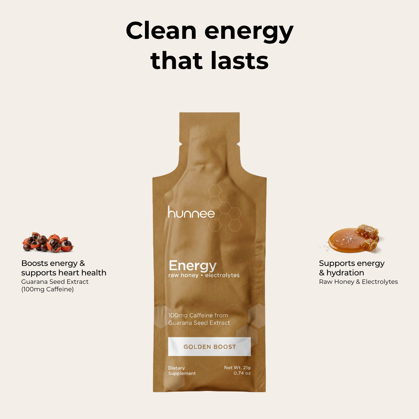 hunnee Energy package with text 'Clean energy that lasts' on a white background