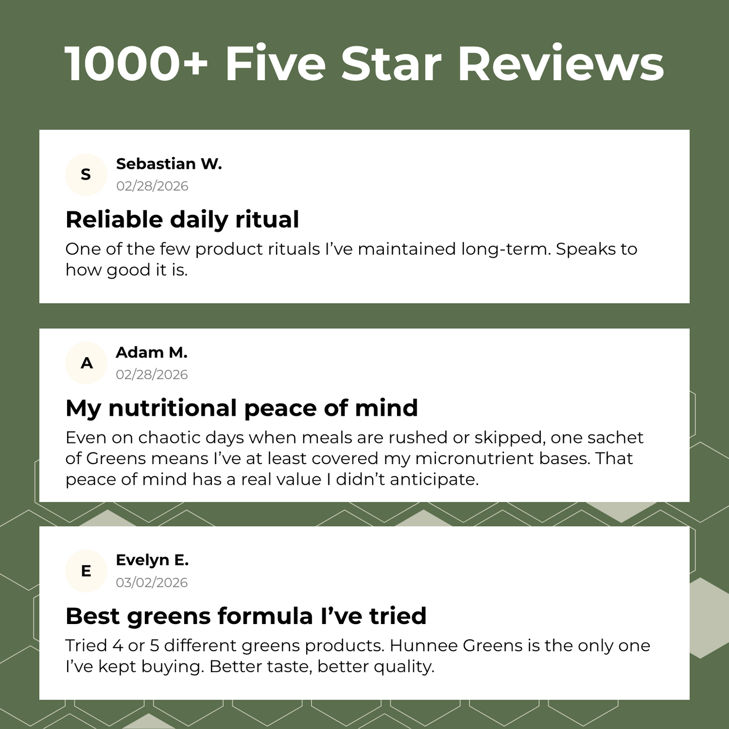 Five-star reviews for a product on a green background