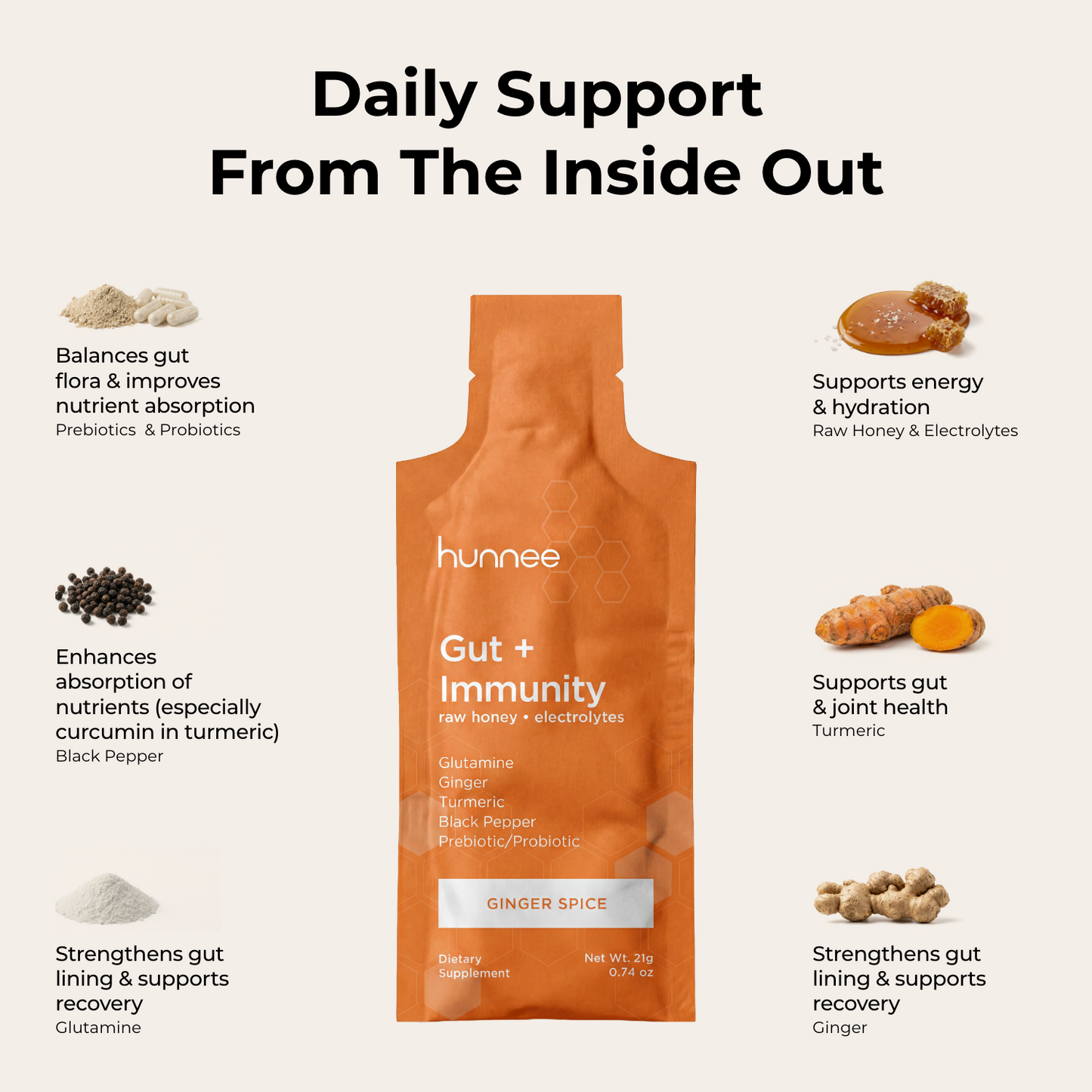 Orange hunnee supplement package with health benefits listed on a white background