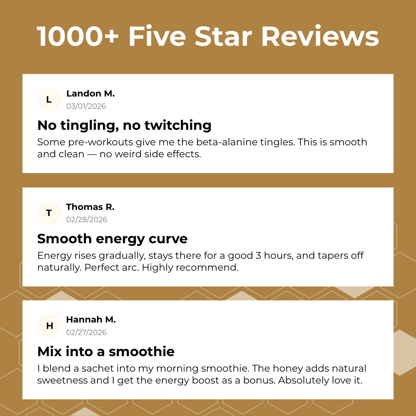 Five-star reviews with user names and dates on a gold background