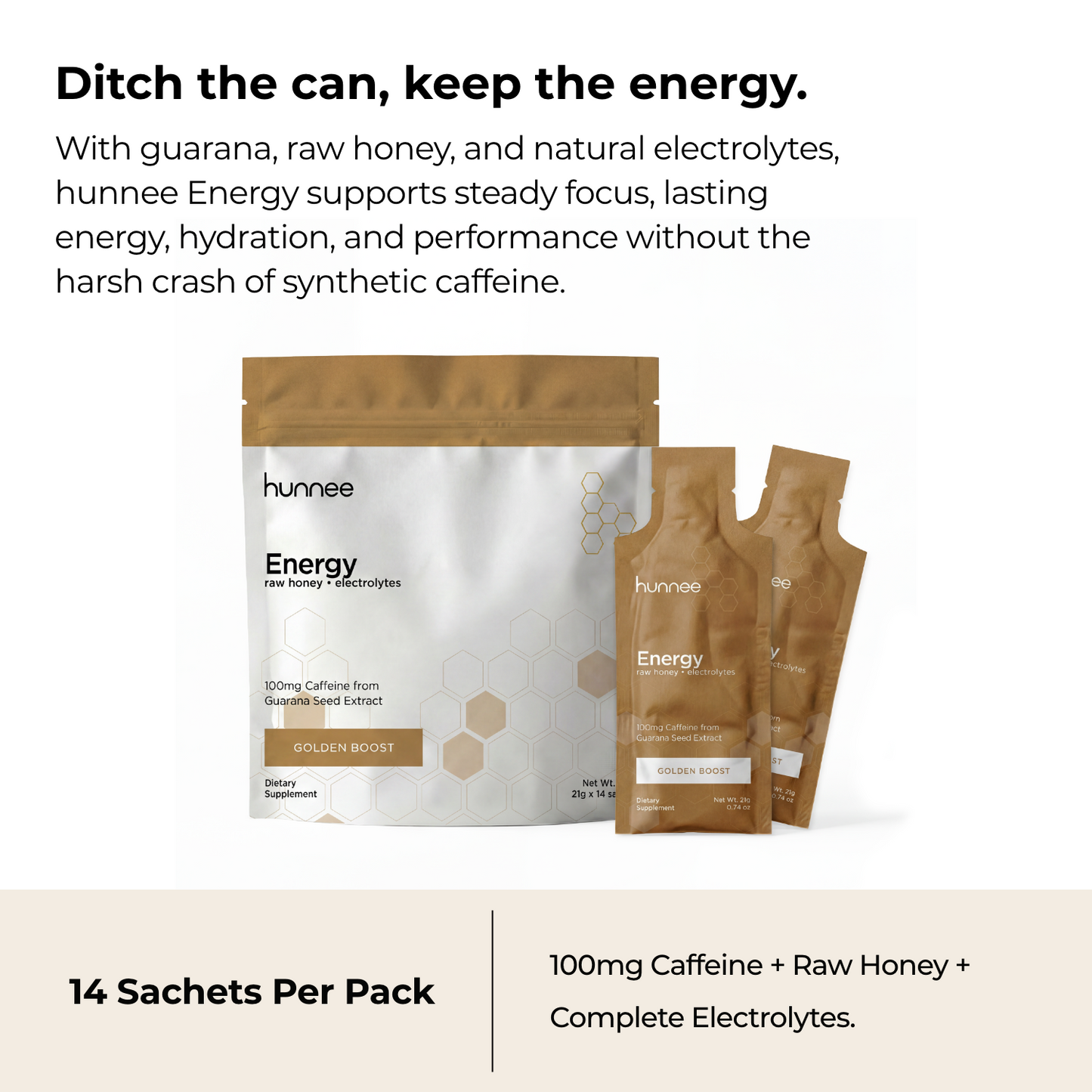 hunee Energy supplement packaging with text about ingredients and benefits on a beige background