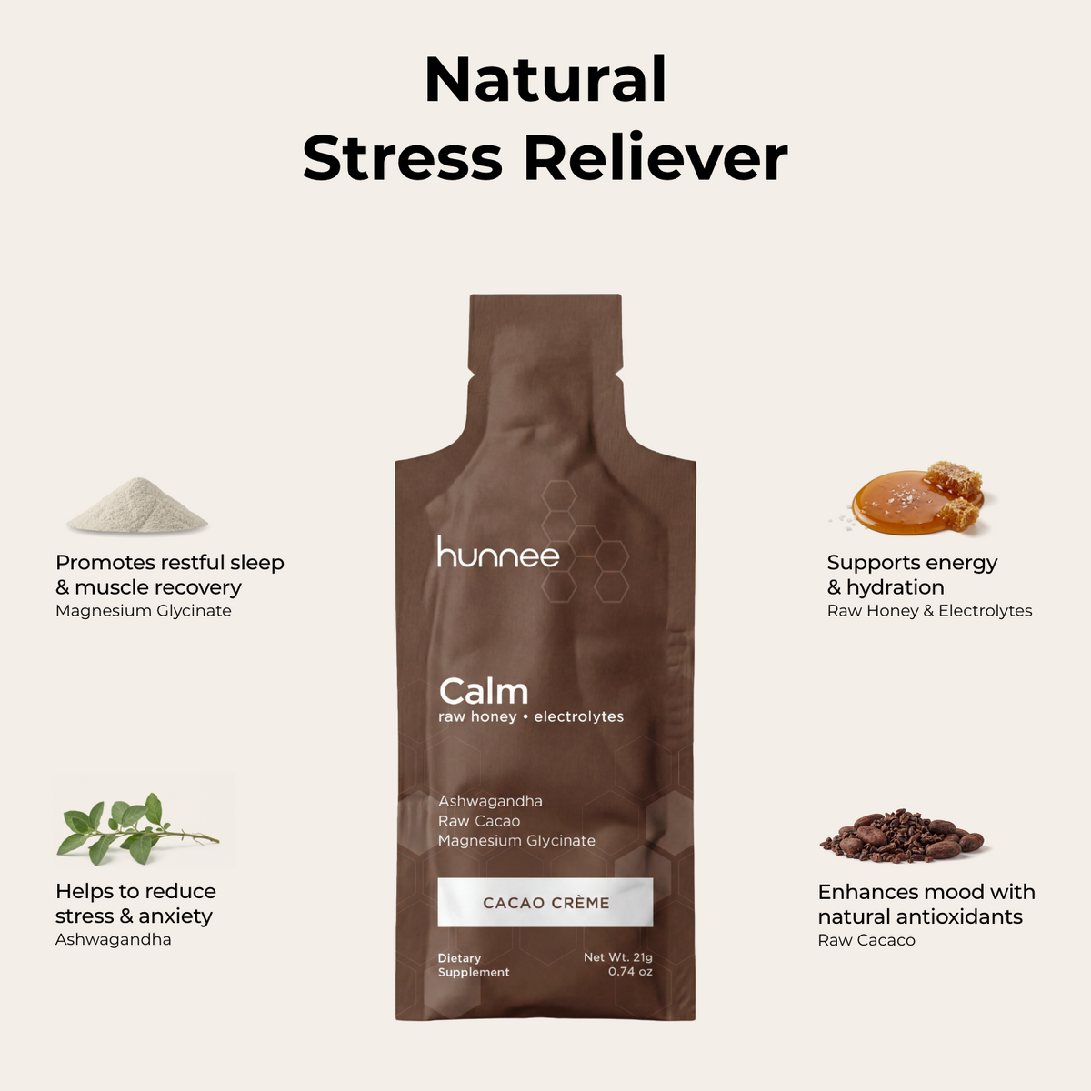 Hunnee Calm sachet with sleep support ingredients listed: raw honey, magnesium glycinate, KSM-66 ashwagandha
