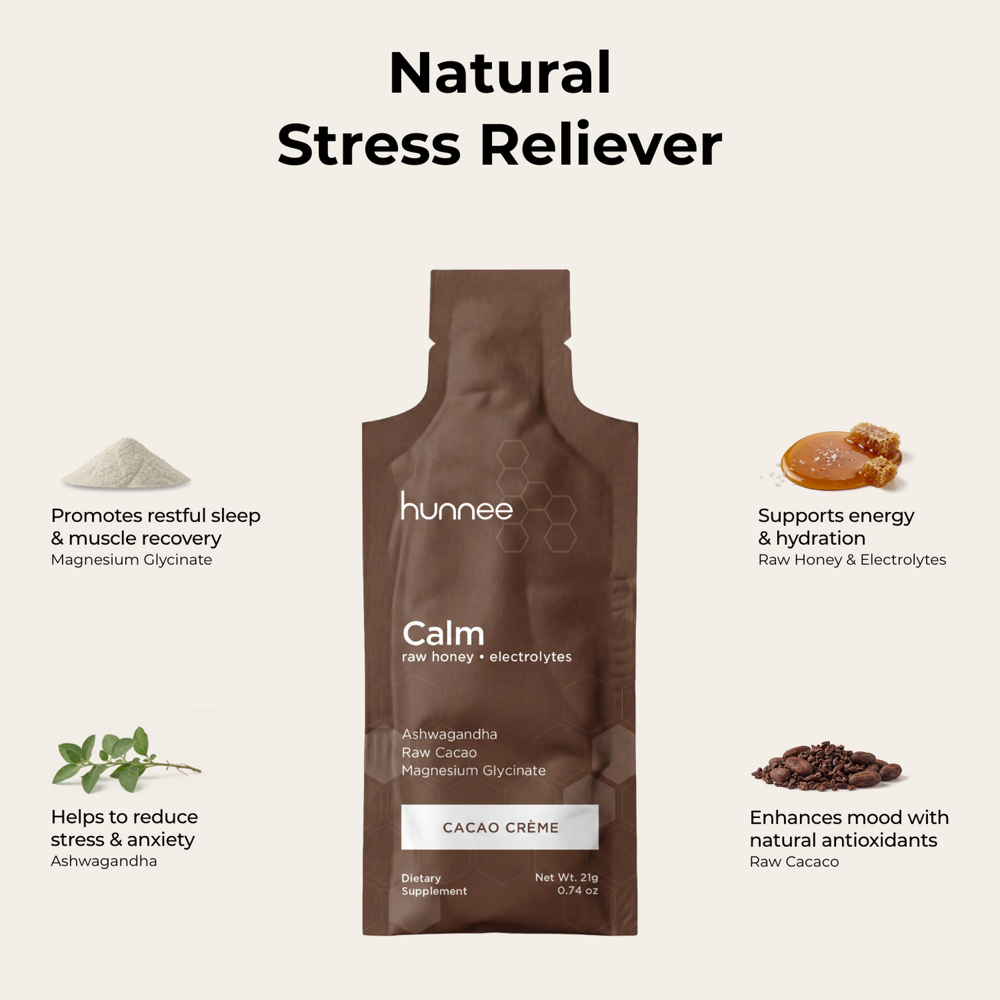 hunnee Calm package with ingredients listed on a beige background