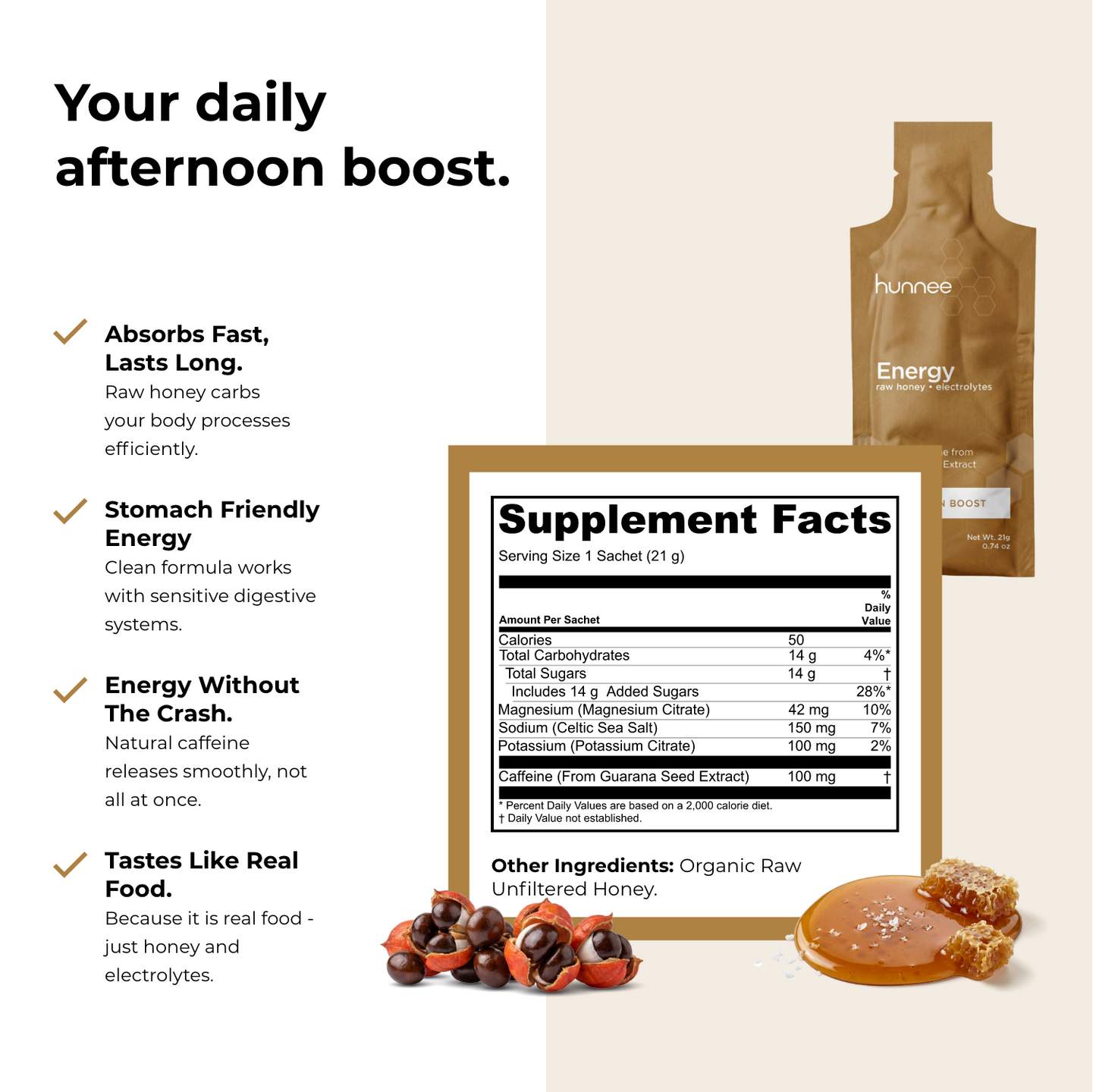 Hunnee Energy supplement packaging with supplement facts label and product details on a light background.