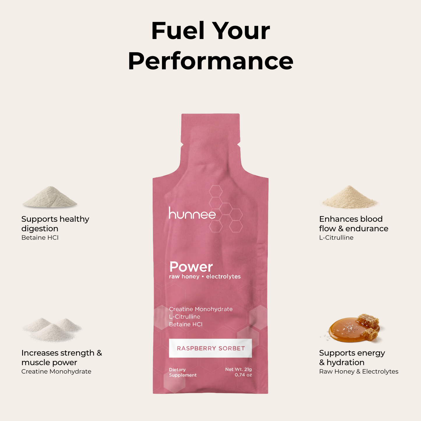 Pink hunnee Power supplement package with text highlighting benefits on a white background
