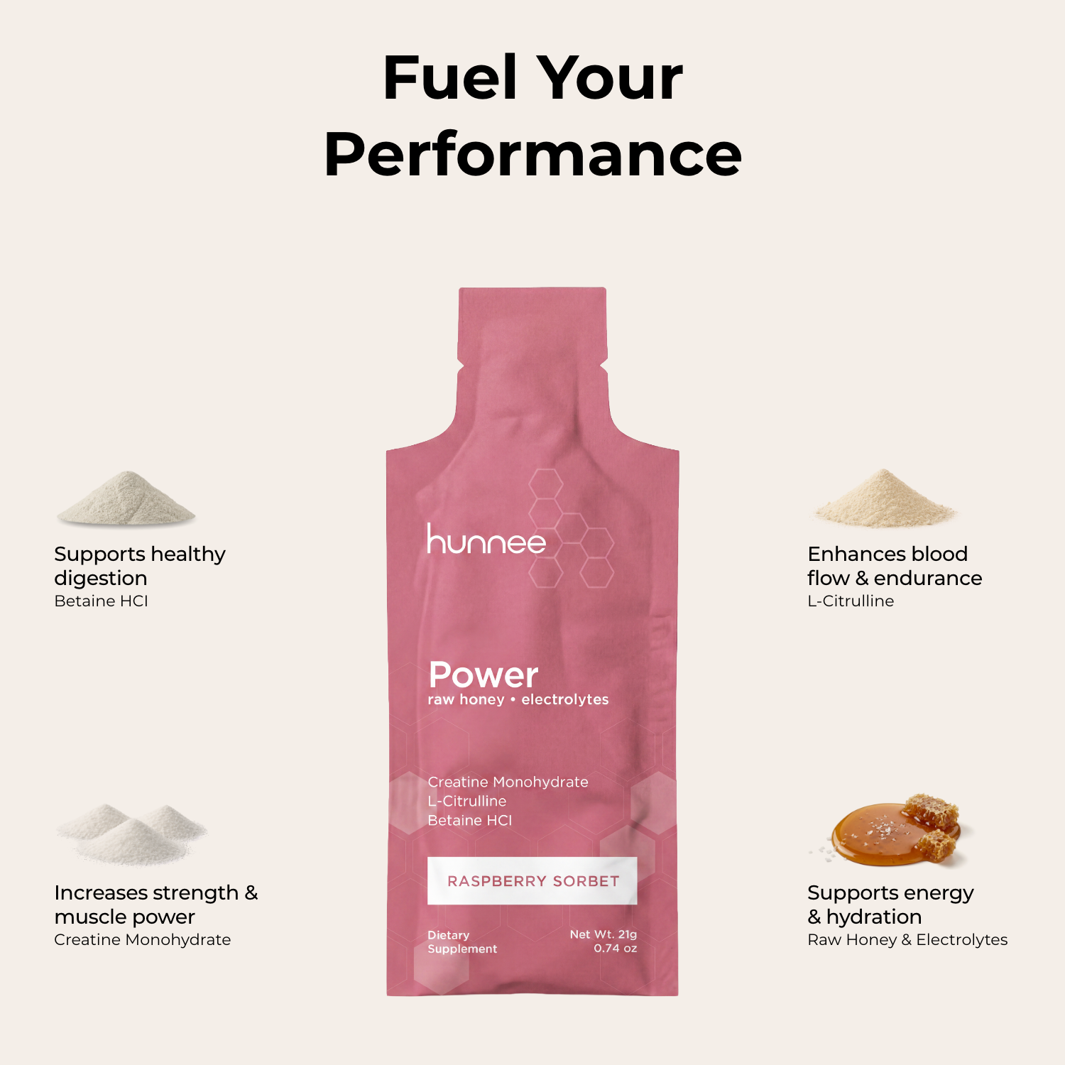 Pink hunnee Power supplement package with text highlighting benefits on a white background