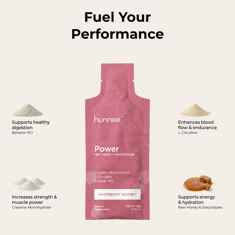 Pink hunnee Power supplement package with text highlighting benefits on a white background