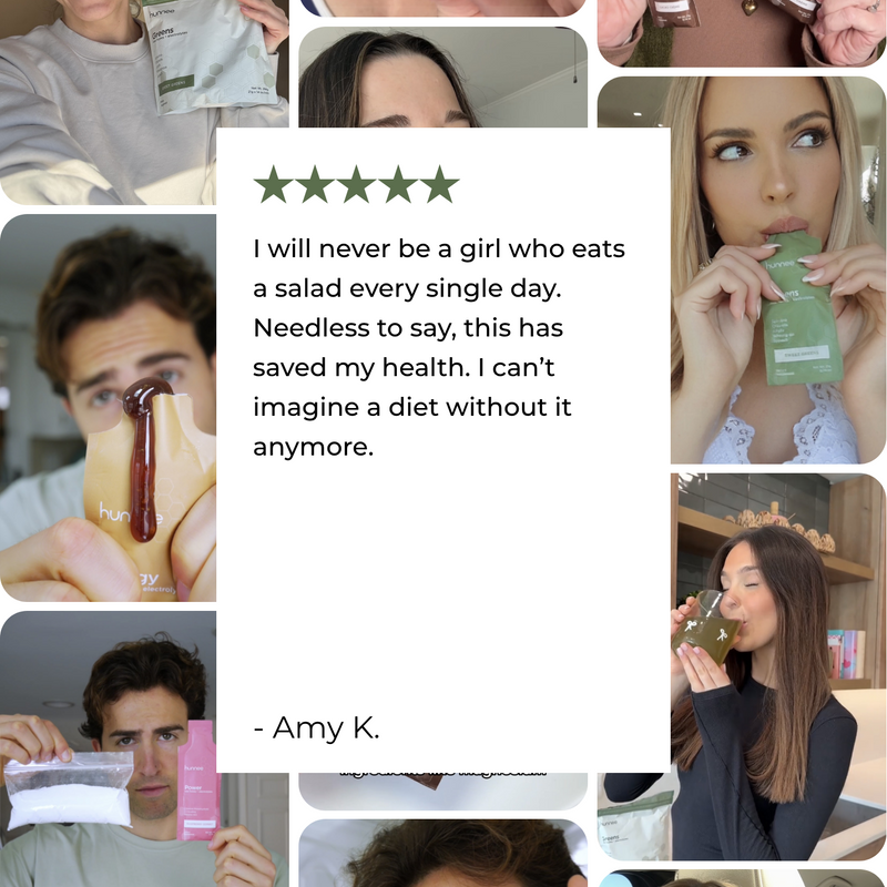 Collage of people using a product with a five-star rating and review text.