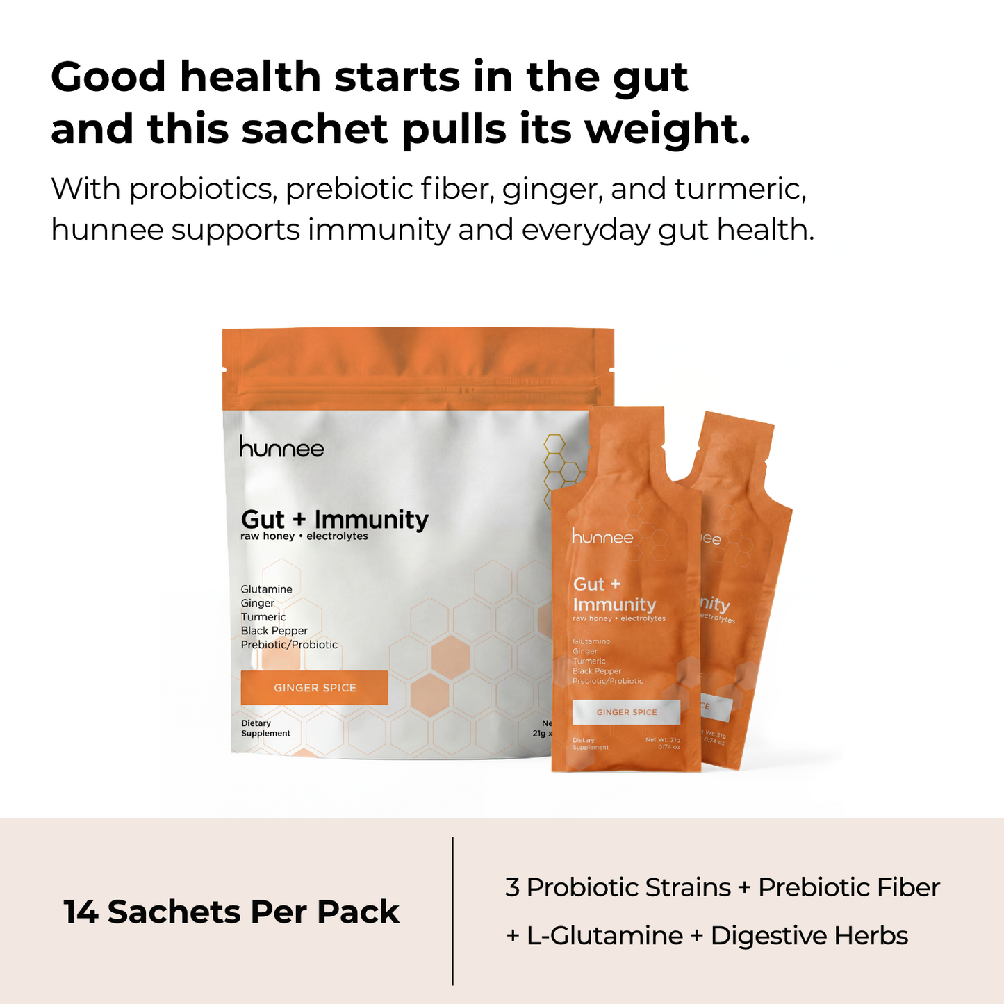 hunnee Gut + Immunity supplement packages with text about gut health and product benefits.