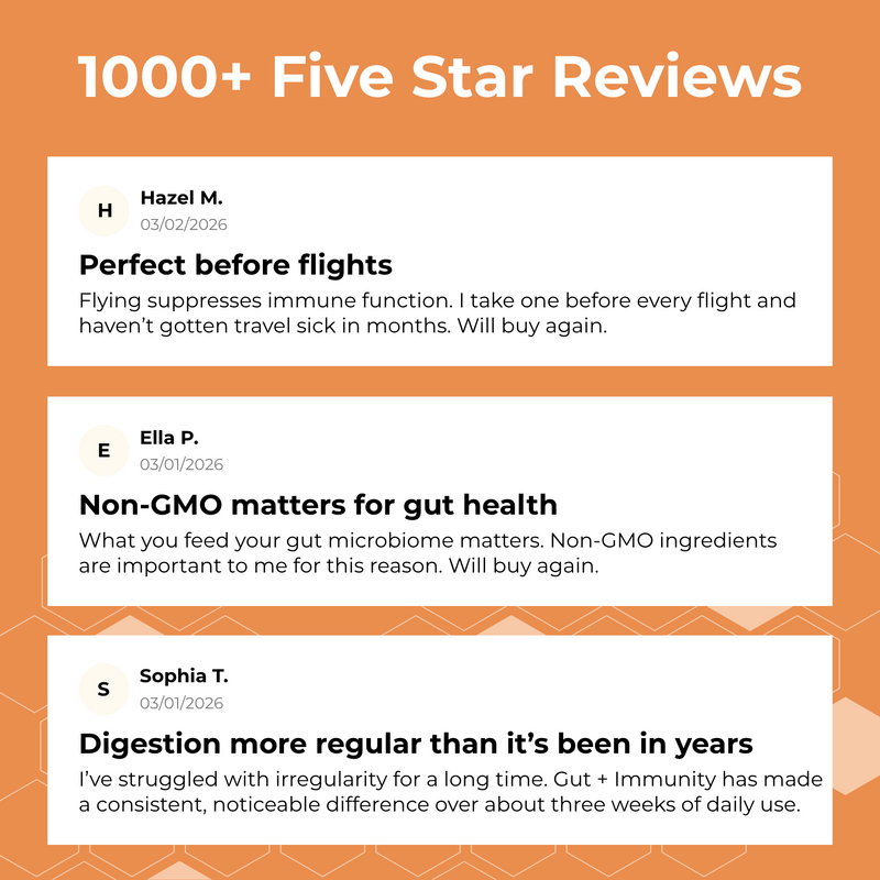 Three customer reviews on a promotional graphic with an orange border.
