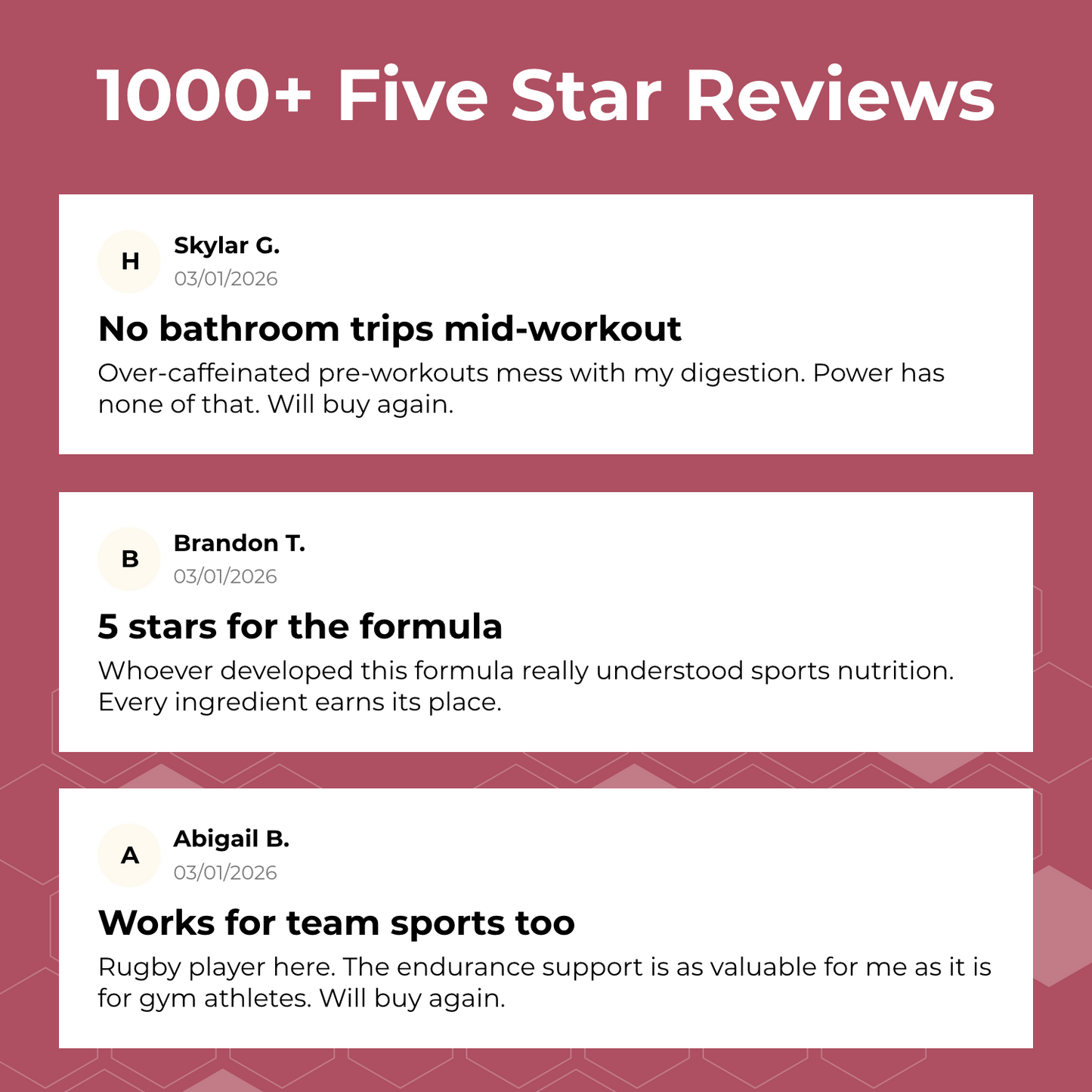 Five-star reviews with user names and dates on a red background