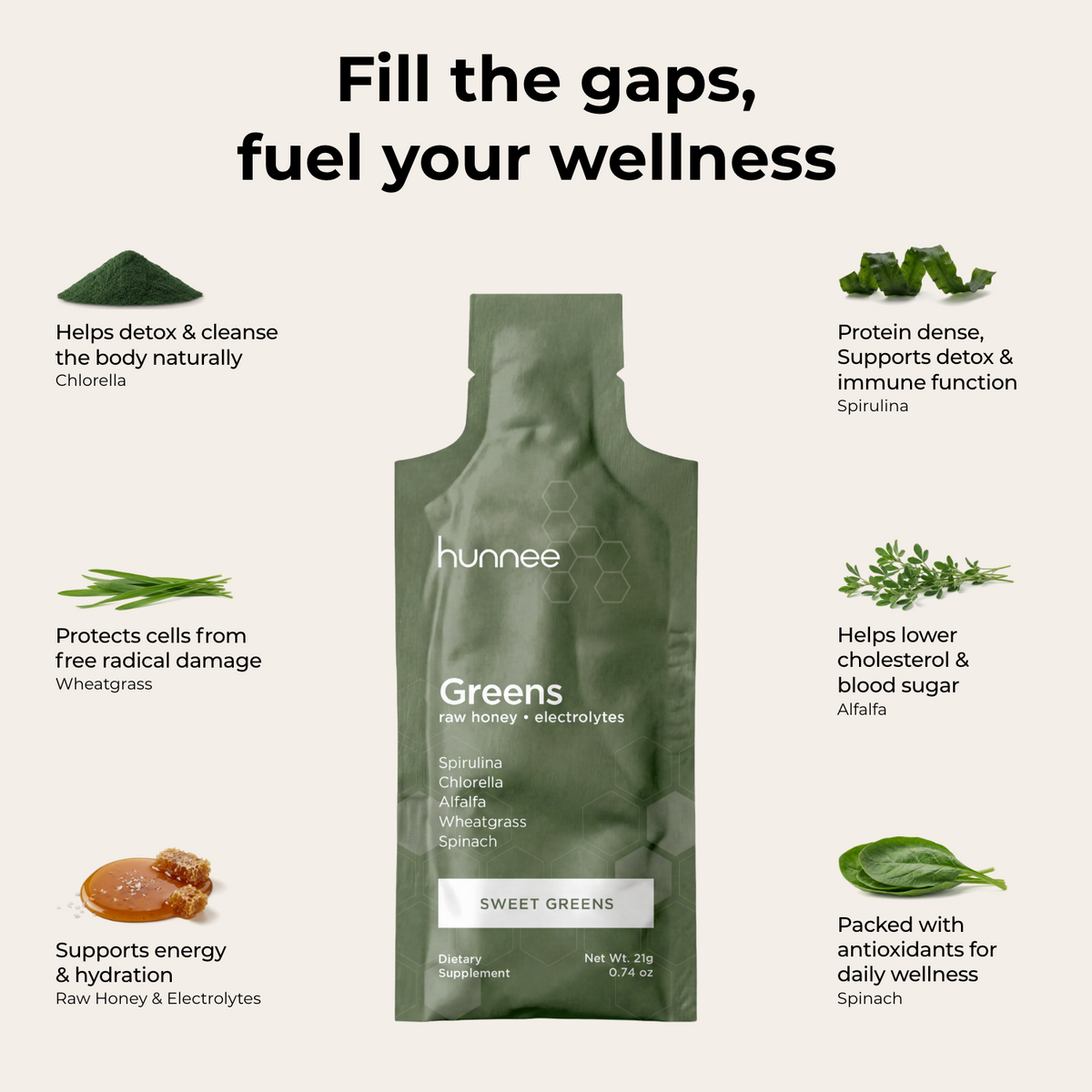Hunnee Greens sachet with daily greens health benefits listed on a white background
