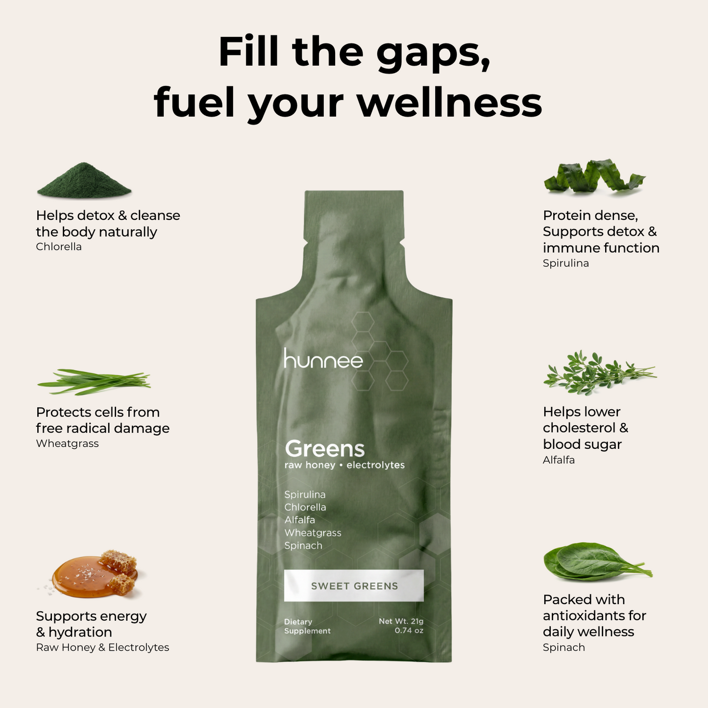 Green package of hunnee Greens with health benefits listed on a white background
