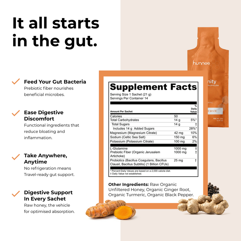 Supplement facts label with ingredients and benefits on a white background