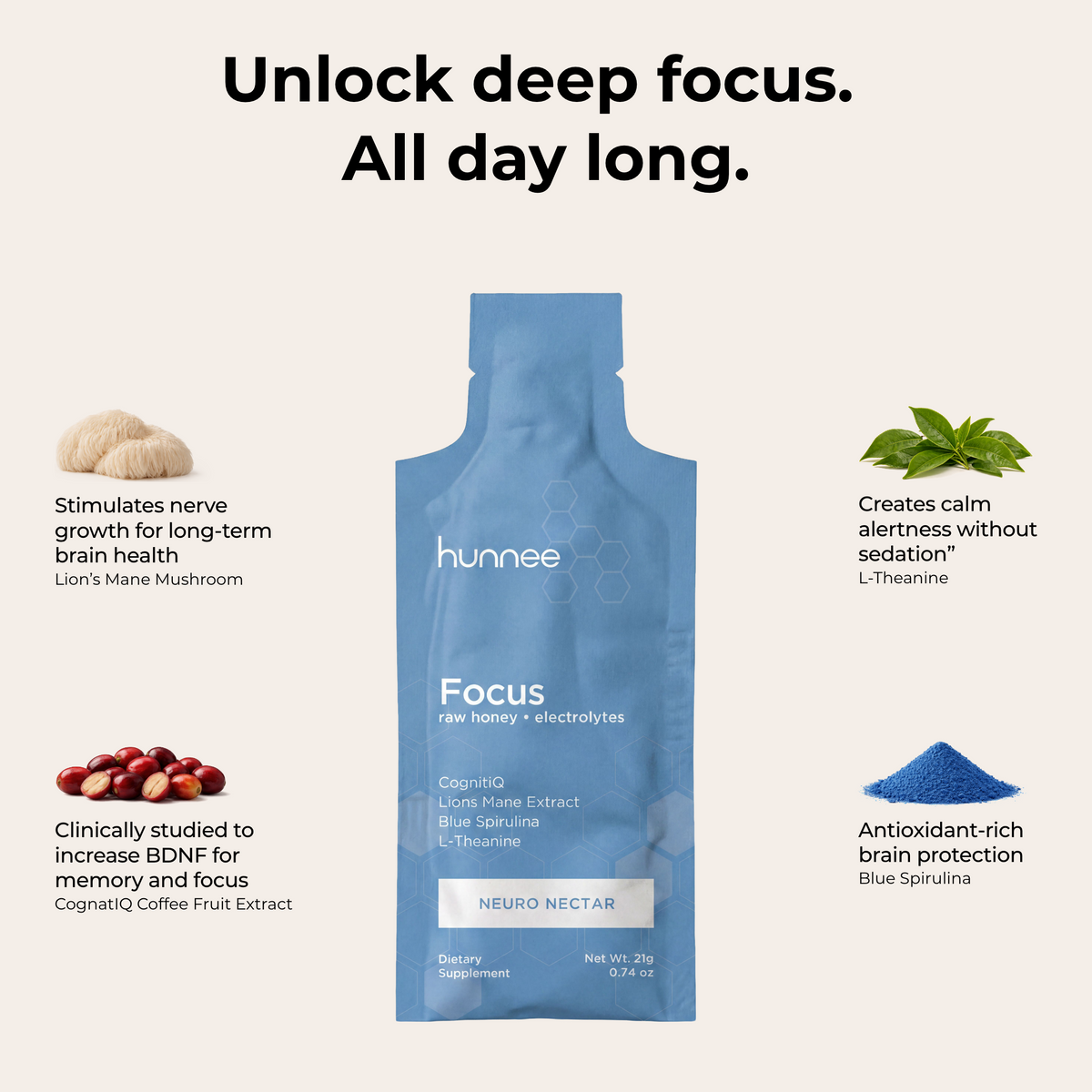 hunnee focus superfood honey sachet, neuro nectar
