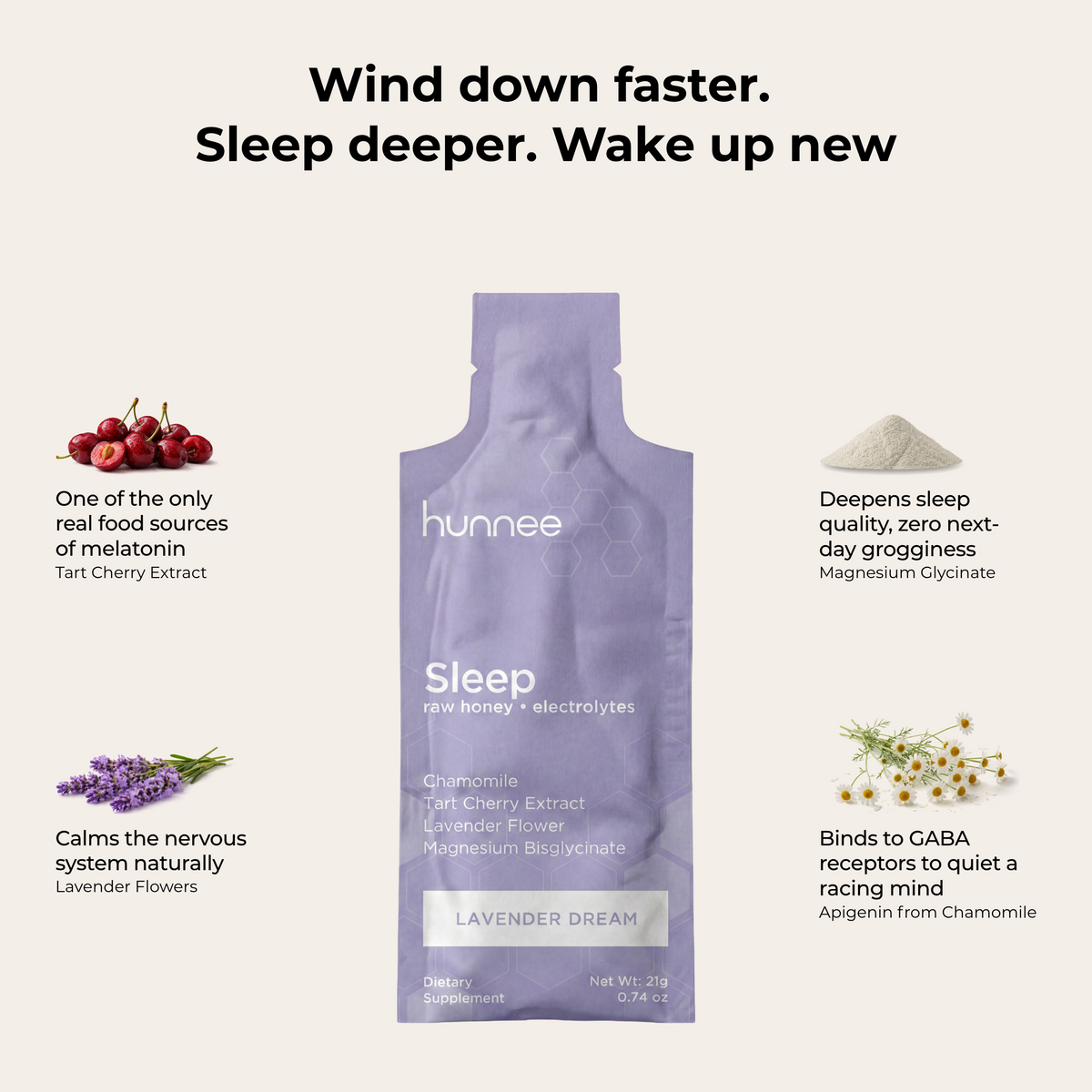 hunnee sleep superfood honey sachet, lavender dream