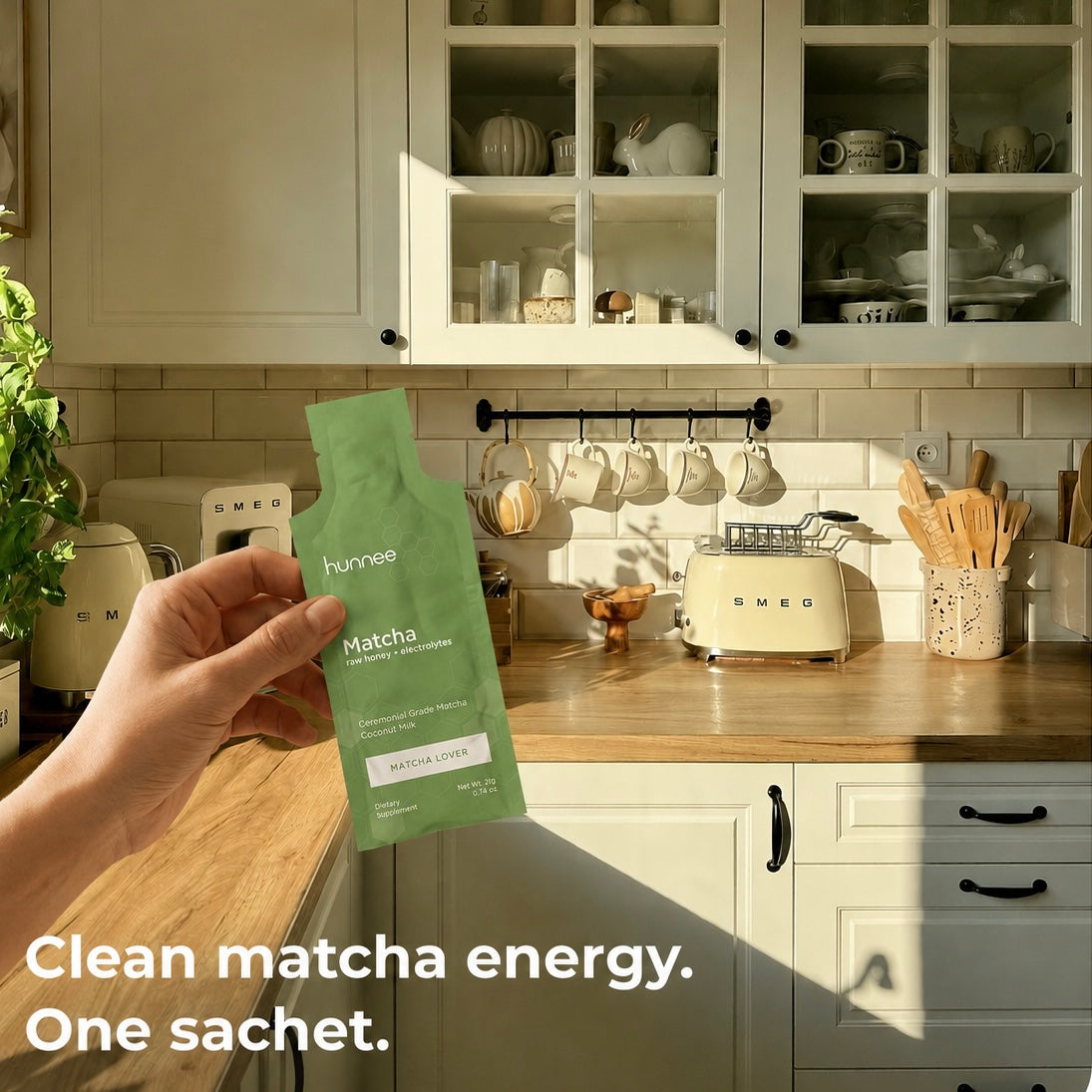 hunnee matcha sachet in a sunlit kitchen