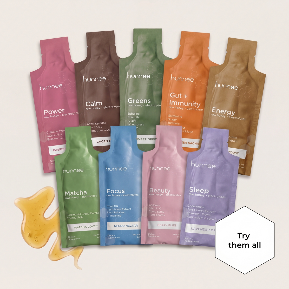 hunnee Starter Pack with nine superfood honey sachets, one of each: Greens, Matcha, Energy, Focus, Power, Gut + Immunity, Beauty, Calm and Sleep