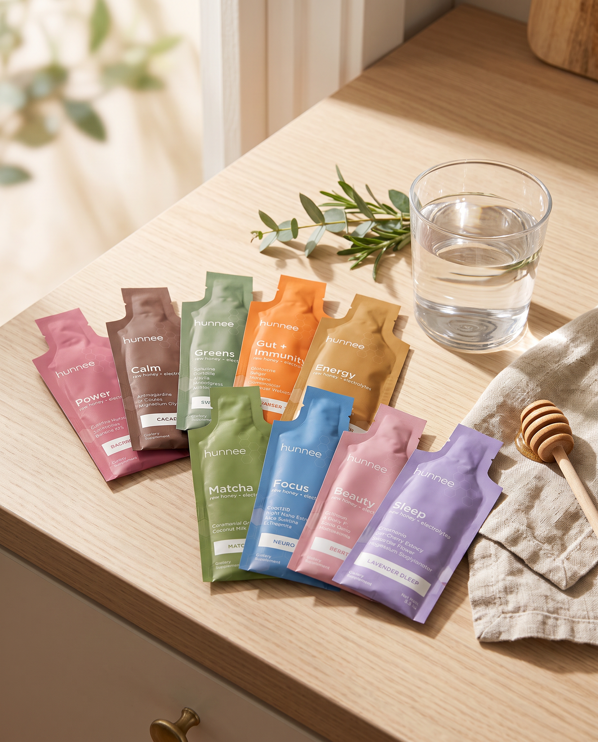 Nine hunnee superfood honey sachets on a sunlit kitchen counter with a glass of water