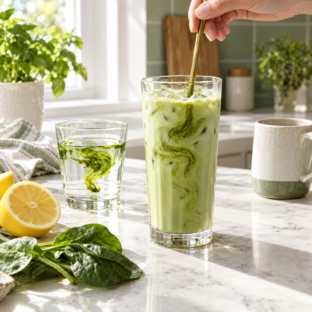 iced matcha, greens in water