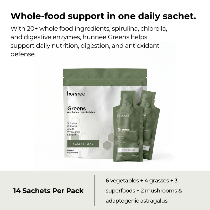 hunnee Greens supplement packages with text about whole-food support and ingredients.